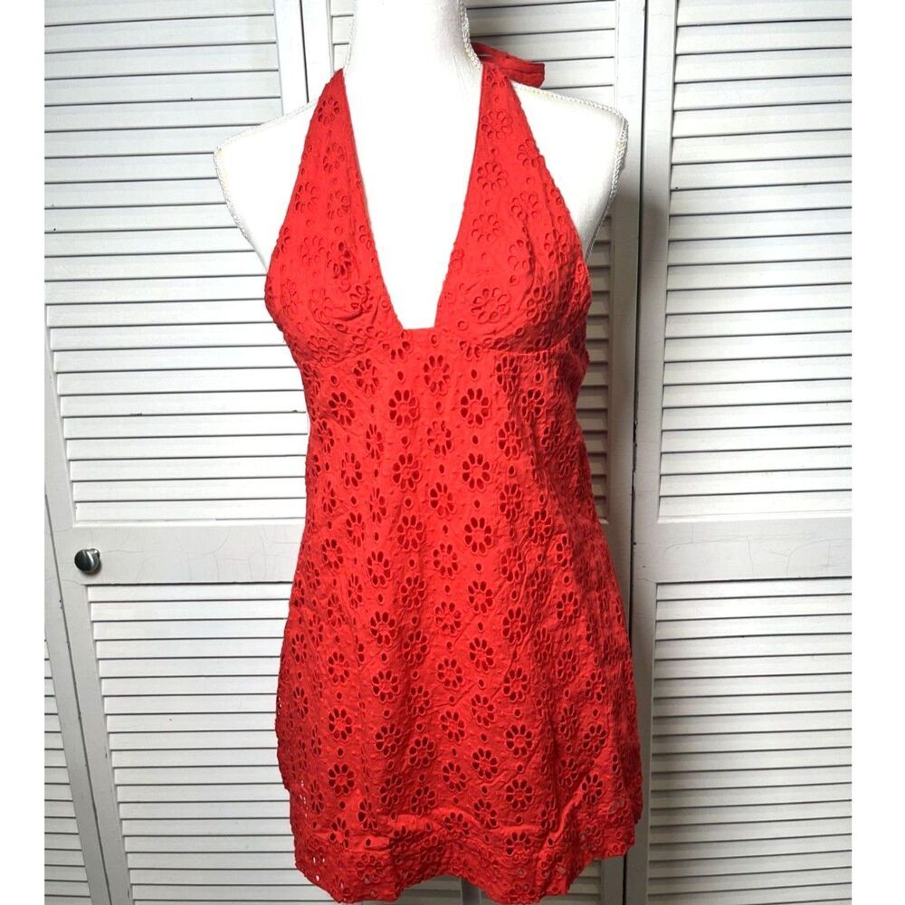 Free People Embroidered Halter 100% Cotton Red Trevi Eyelet Mini Dress Sz L NWT - Picture 5 of 7